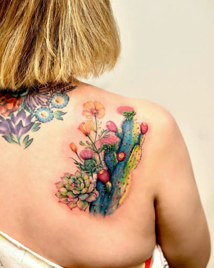 Colored Succulent Plant With Flowers Back Tattoo