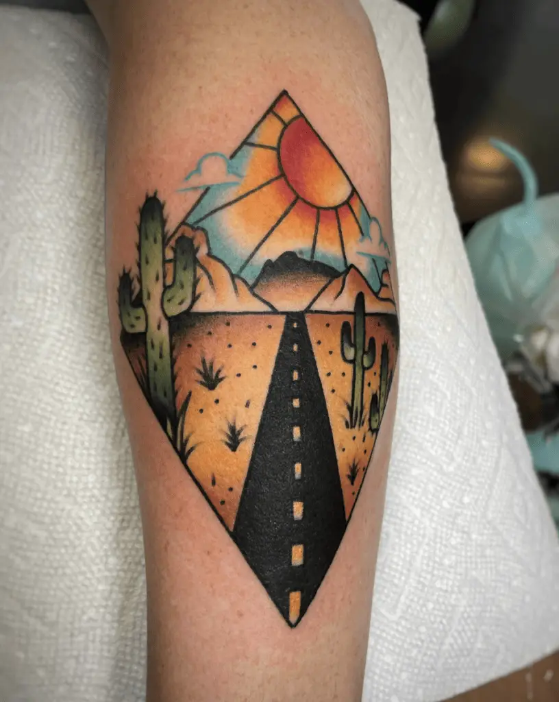 Colored Sunny Desert Highway Arm Tattoo