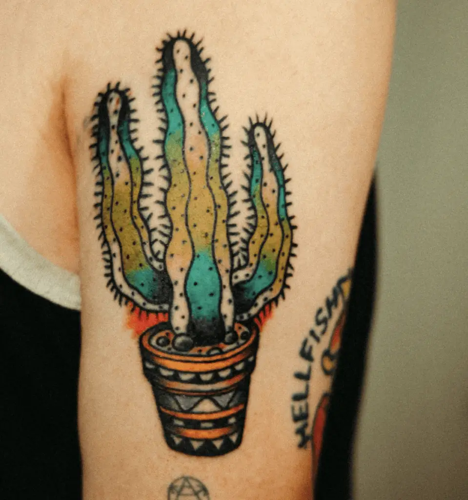Colored Wavy Cactus Arm Tattoo