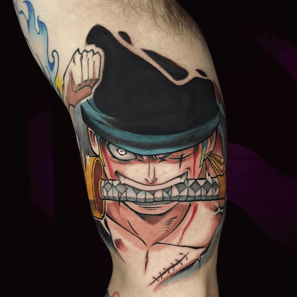Colored Zoro Taking a Bite Out of His Sword Upper Arm Tattoo