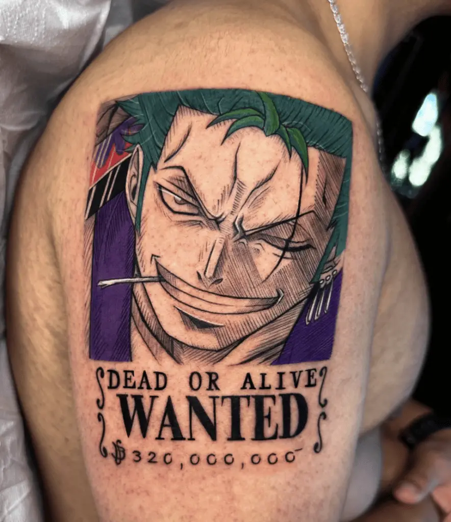 Colored Zoro in Wanted Poster Upper Arm Tattoo