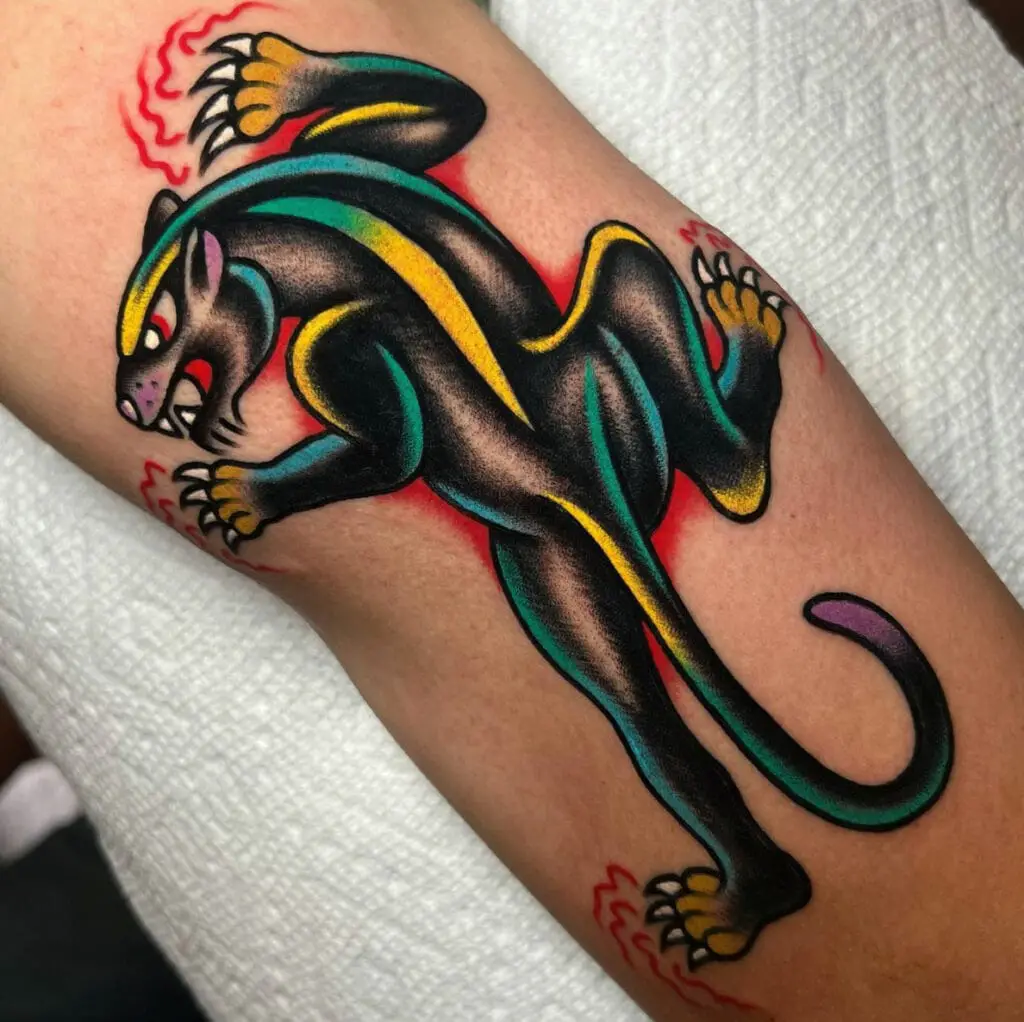 Colorful Crawling Black Panther Arm Tattoo