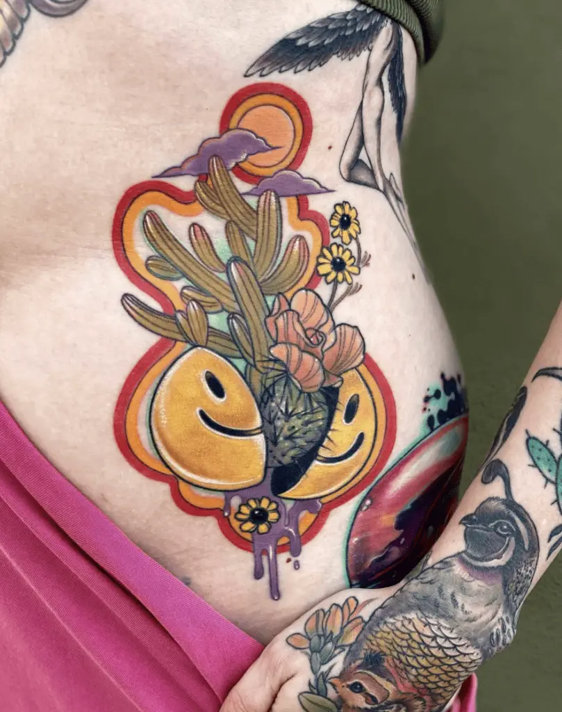 Colorful Cactus WIth Flowers in Smiley Face Sphere Opened Lid Hip Tattoo