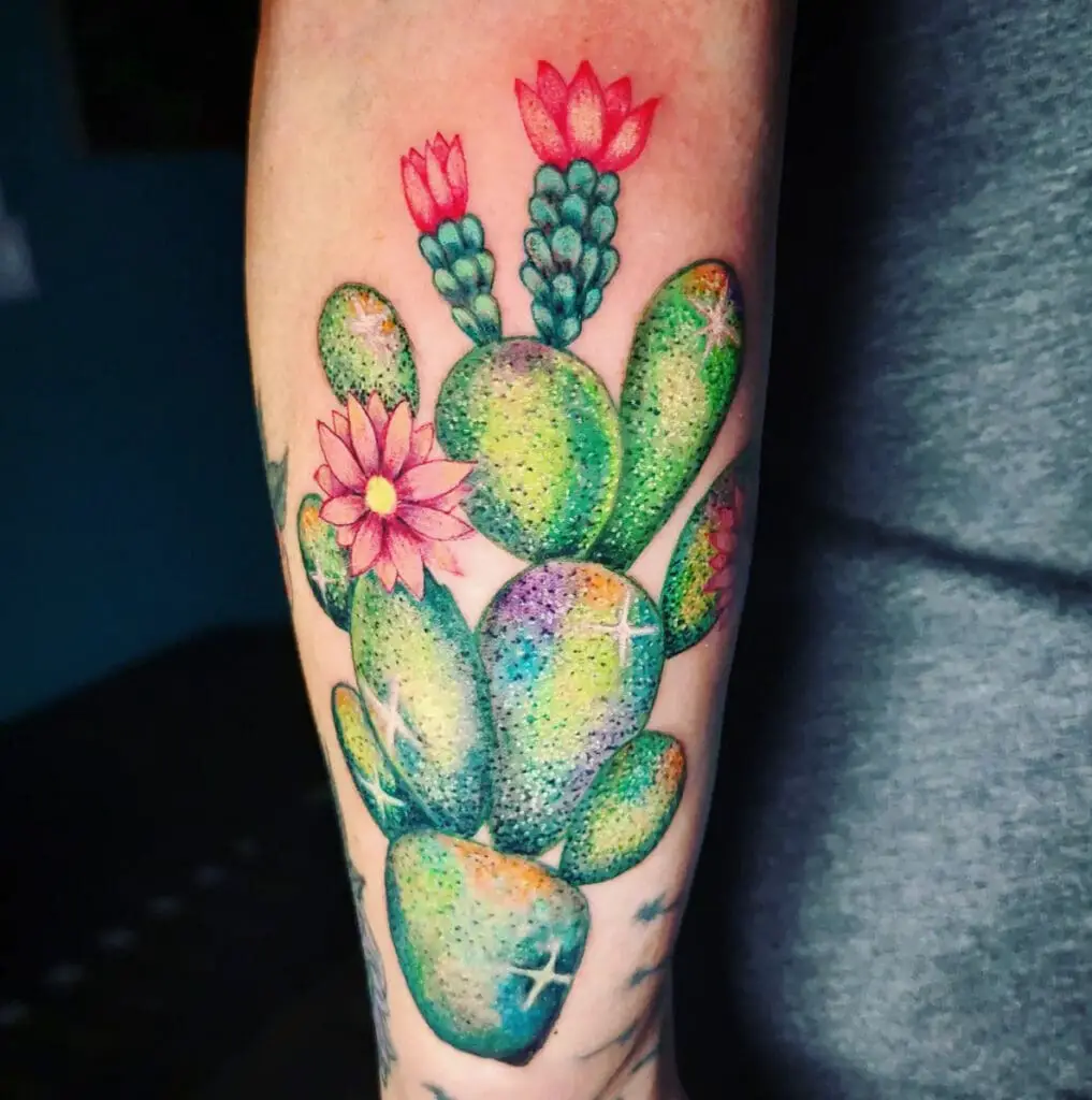 Colorful Glittery Prickly Pear Cactus Arm Tattoo
