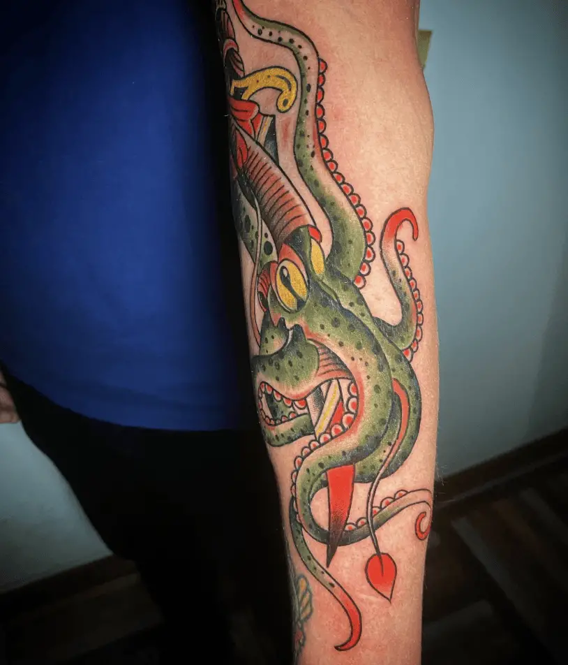 Colorful Green Kraken Arm Tattoo