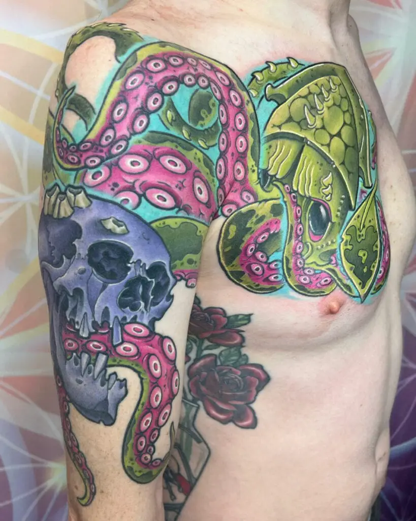 Colorful Kraken With Skull Chest Tattoo