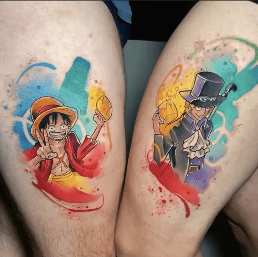 Colorful Luffy and Sabo Holding a Beer Matching Thigh Tattoo