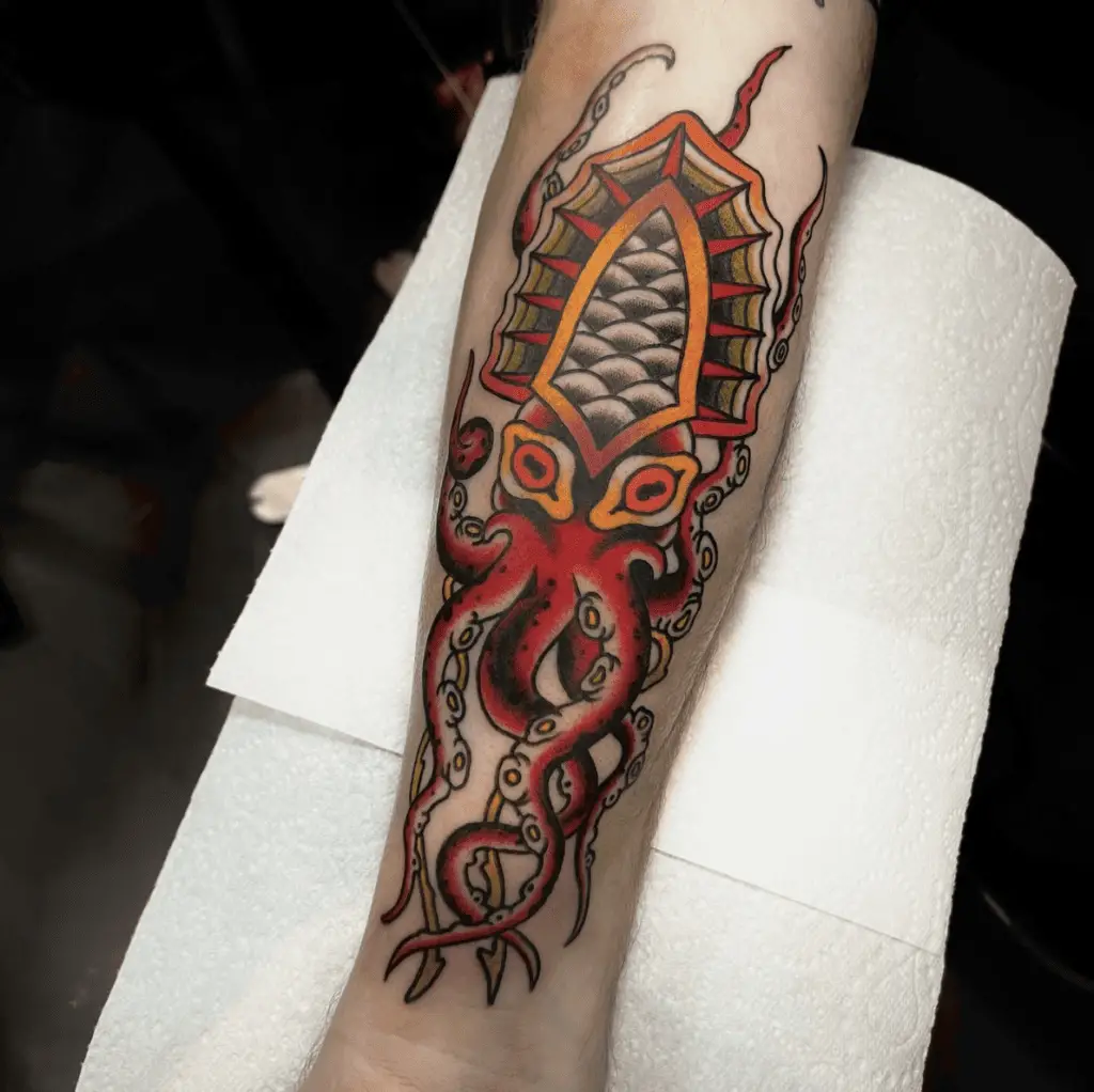 Colorful Red Giant Squid Arm Tattoo