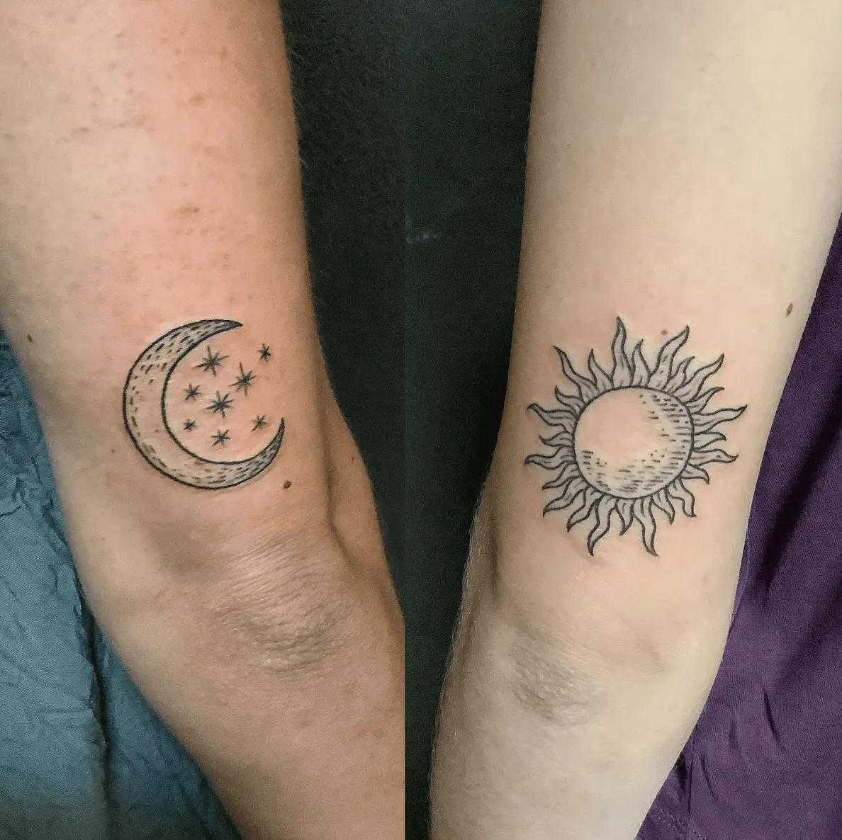 Crescent Moon With Stars and Sun Matching Arm Tattoo