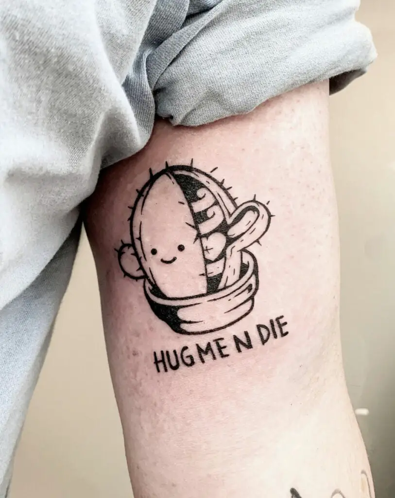 Cute Cactus With Skeleton and Text Arm Tattoo