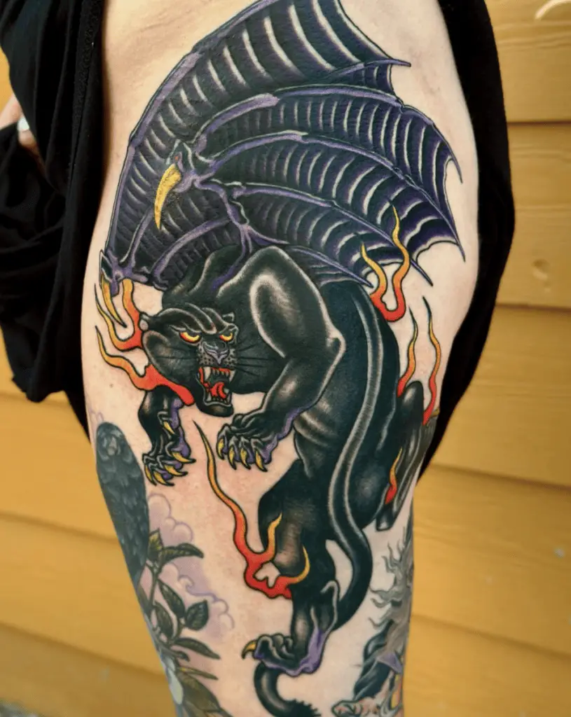 Demon Black Panther With Wings and Flames Thigh Tattoo