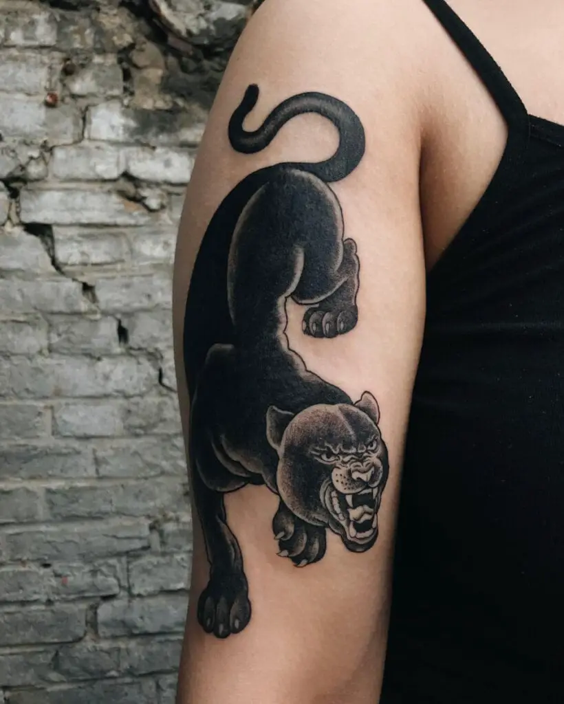 Detailed Black Angry Panther Upper Arm Tattoo
