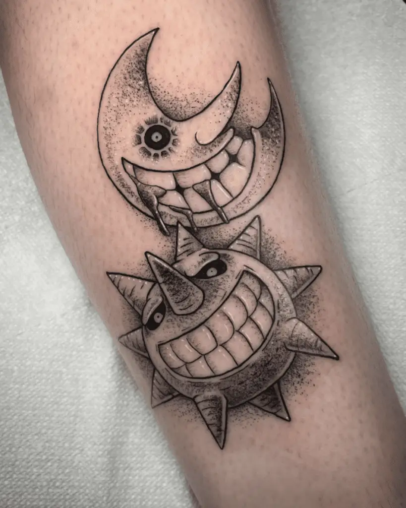 Detailed Black Scary Sun and Crescent Moon With Grinning Face Arm Tattoo