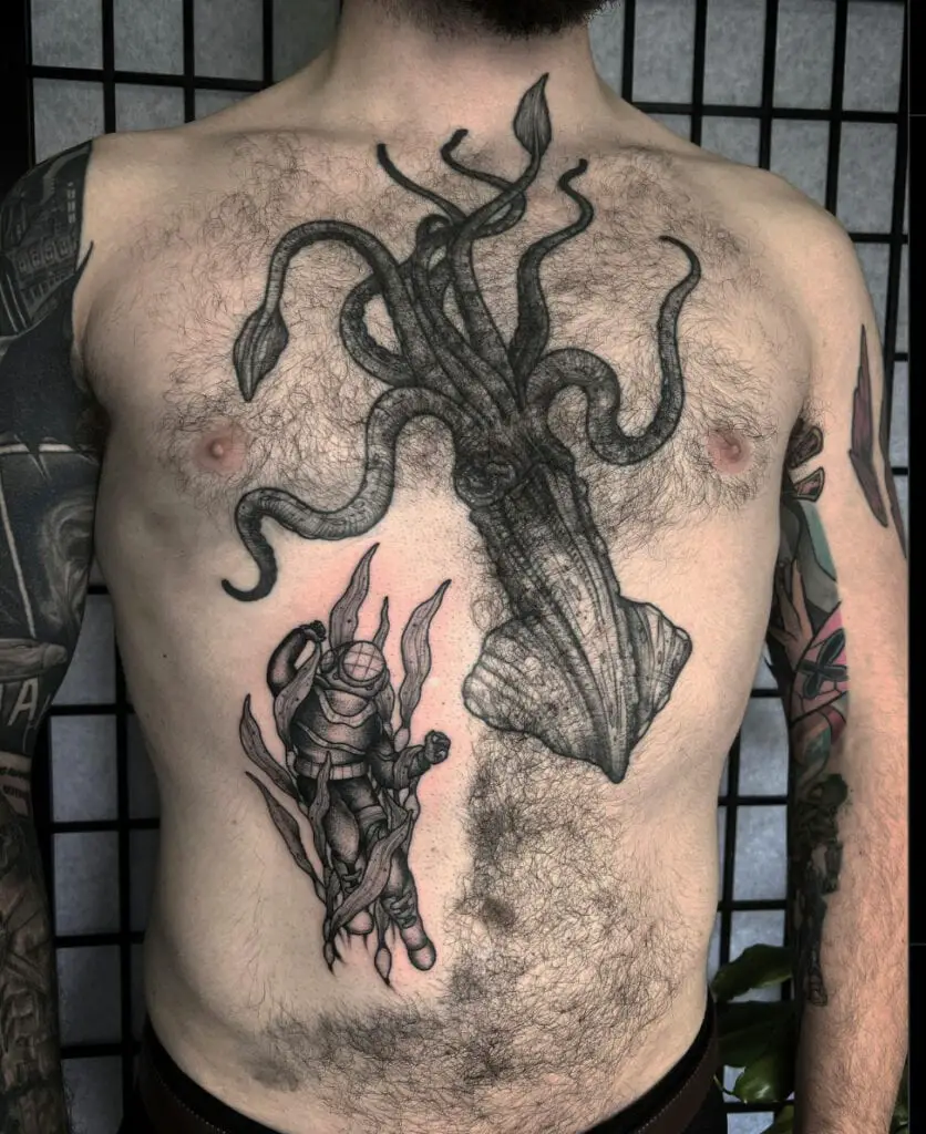 Detailed Black and Grey Giant Squid With a Diver Chest Tattoo