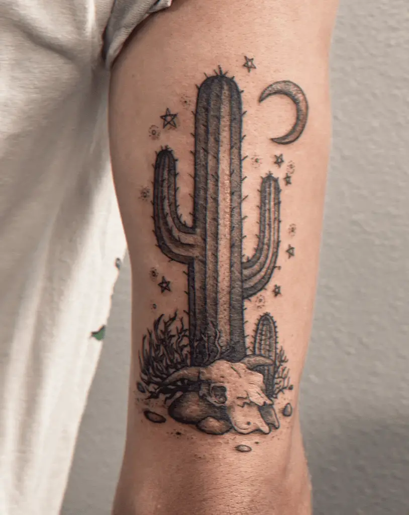 Detailed Cactus in Desert With Moon and Stars Arm Tattoo