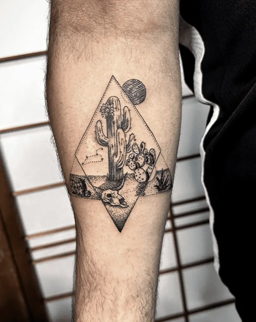 Detailed Desert Land in Diamond Geometry Triangle Arm Tattoo
