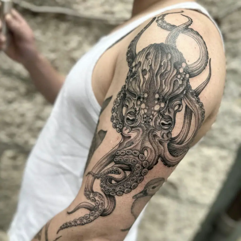Detailed Dot Work Kraken Upper Arm Tattoo