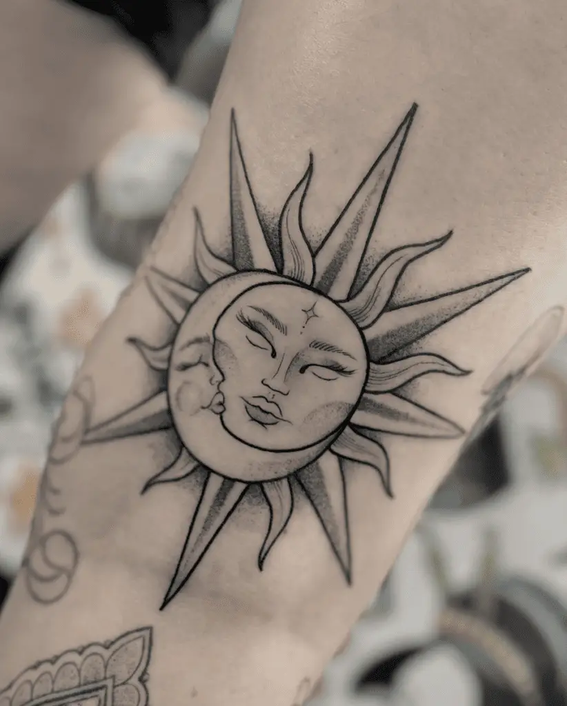 Detailed Female Sun and Cresent Moon Sleeping With Pouty Lips Leg Tattoo