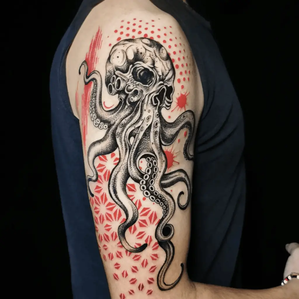 Detailed Kraken Skull WIth Red Pattern Background Upper Arm Tattoo