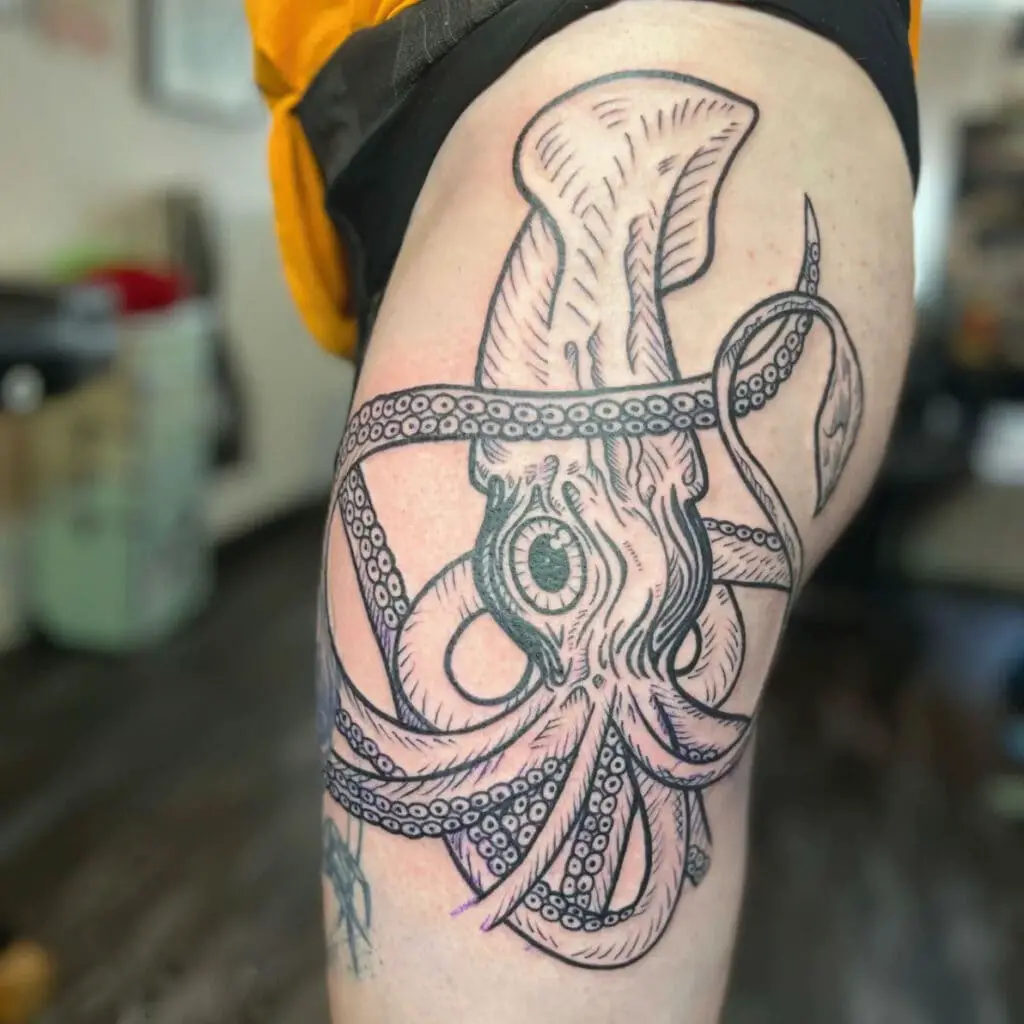Detailed Line Art Giant Squid Thigh Tattoo