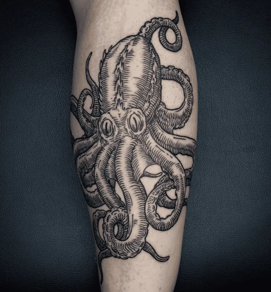 Detailed Line Art Kraken Leg Tattoo