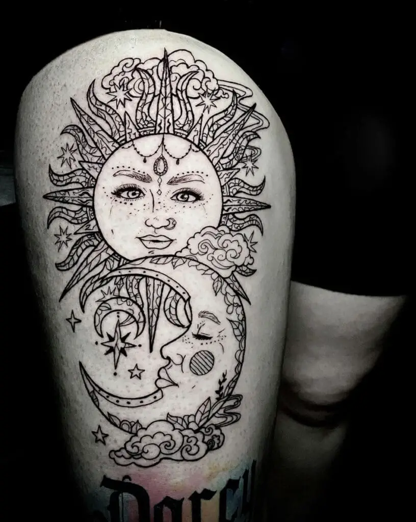 Detailed Line Art Sun and Cresent Moon With By Stars and Clouds Thigh Tattoo