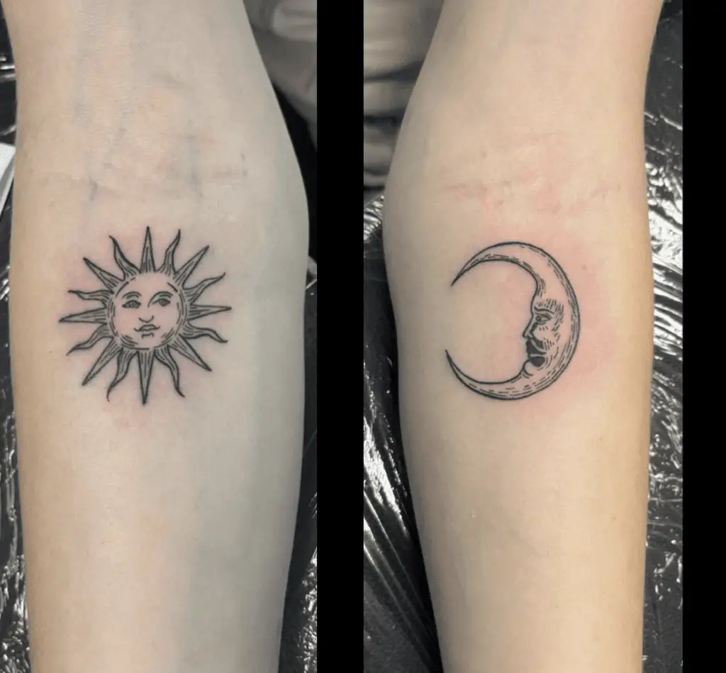 Detailed Line Art Sun and Moon on Each Arm Tattoo