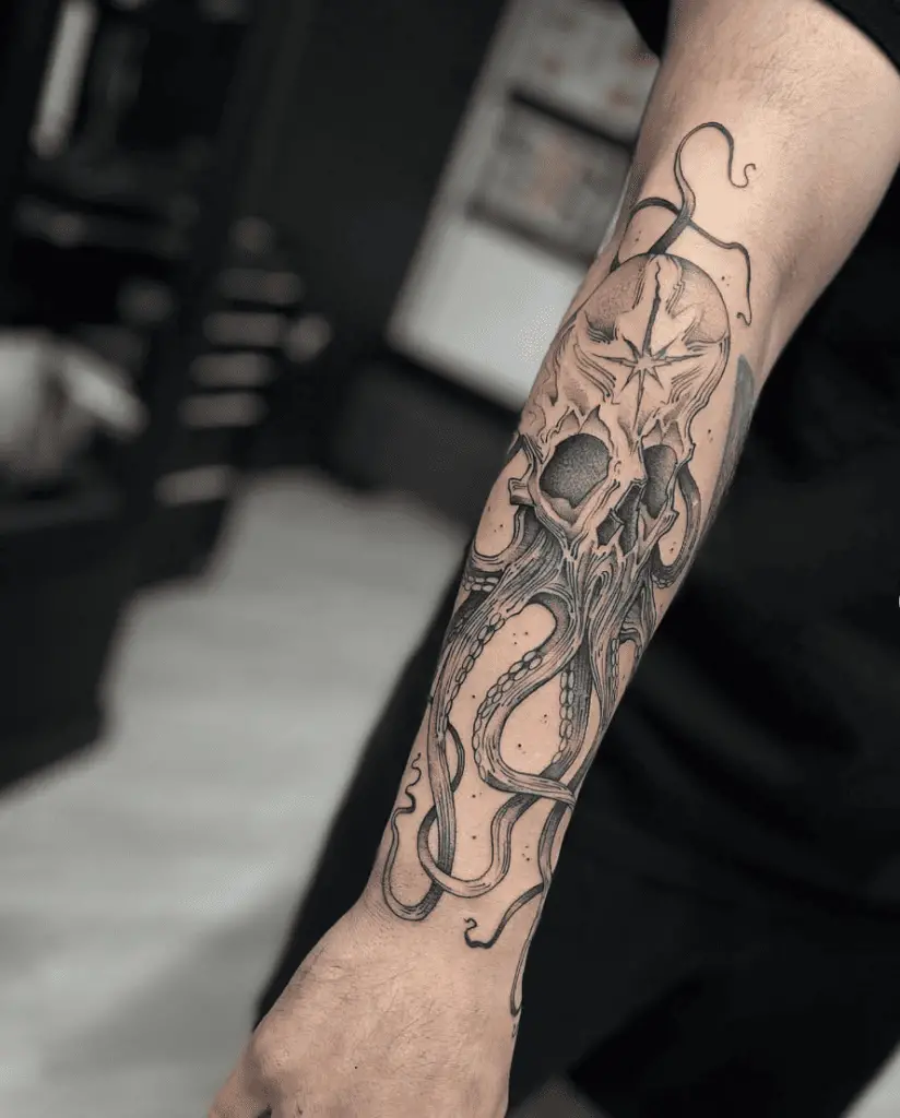 Detailed Line Work Kraken Skull Arm Tattoo