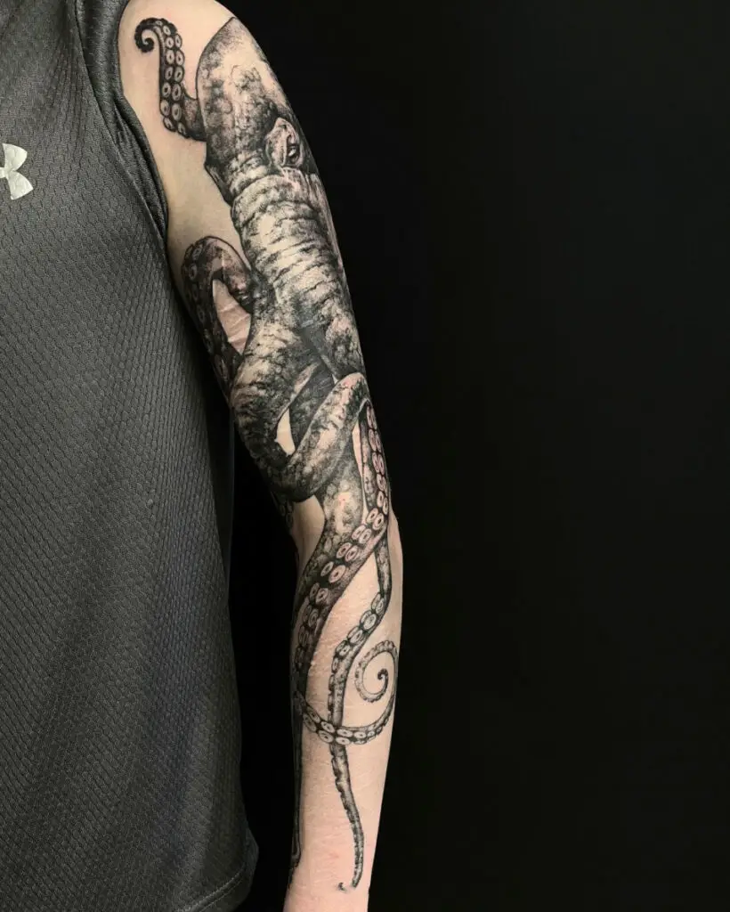 Detailed Long Kraken Arm Tattoo