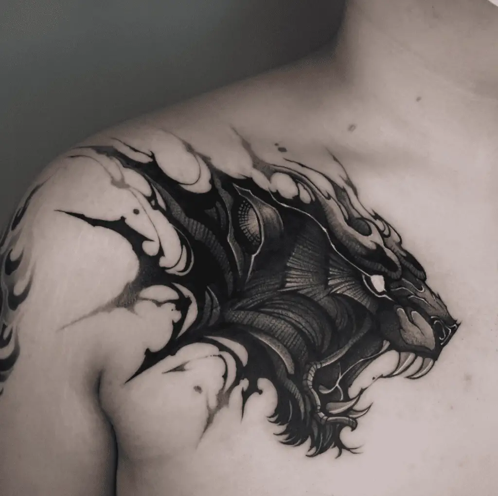 Detailed Side View of a Furious Black Panther Shoulder Tattoo