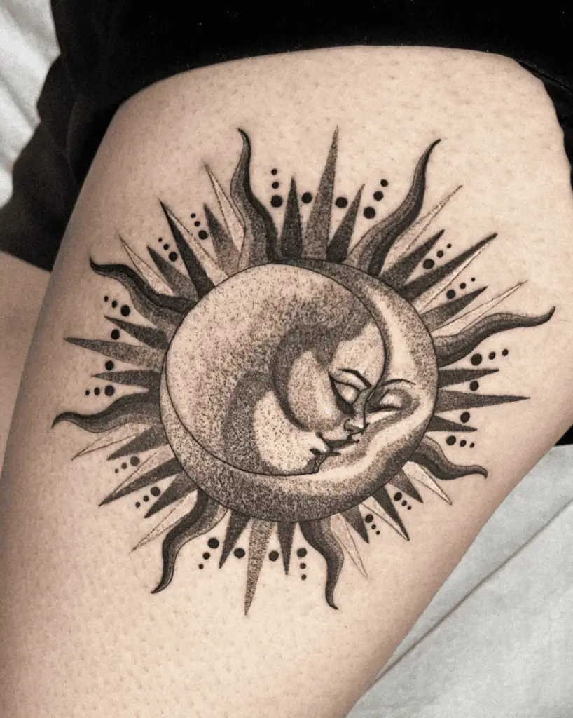 Detailed Sun and Crescent Moon Kissing Thigh Tattoo