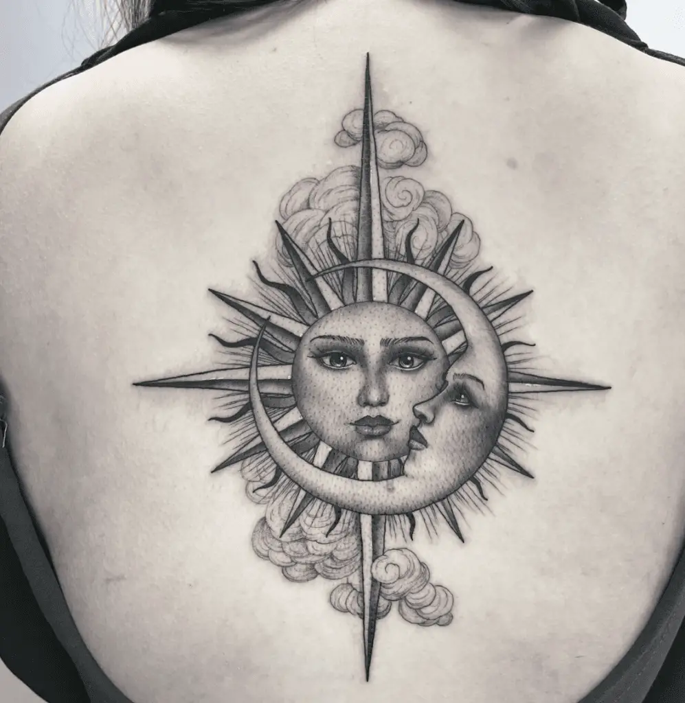 Detailed Sun in Compass Design and Crescent Moon With Clouds Back Tattoo