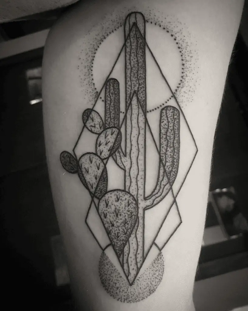 Dot Work Cactus Plant With Geometric Design Arm Tattoo