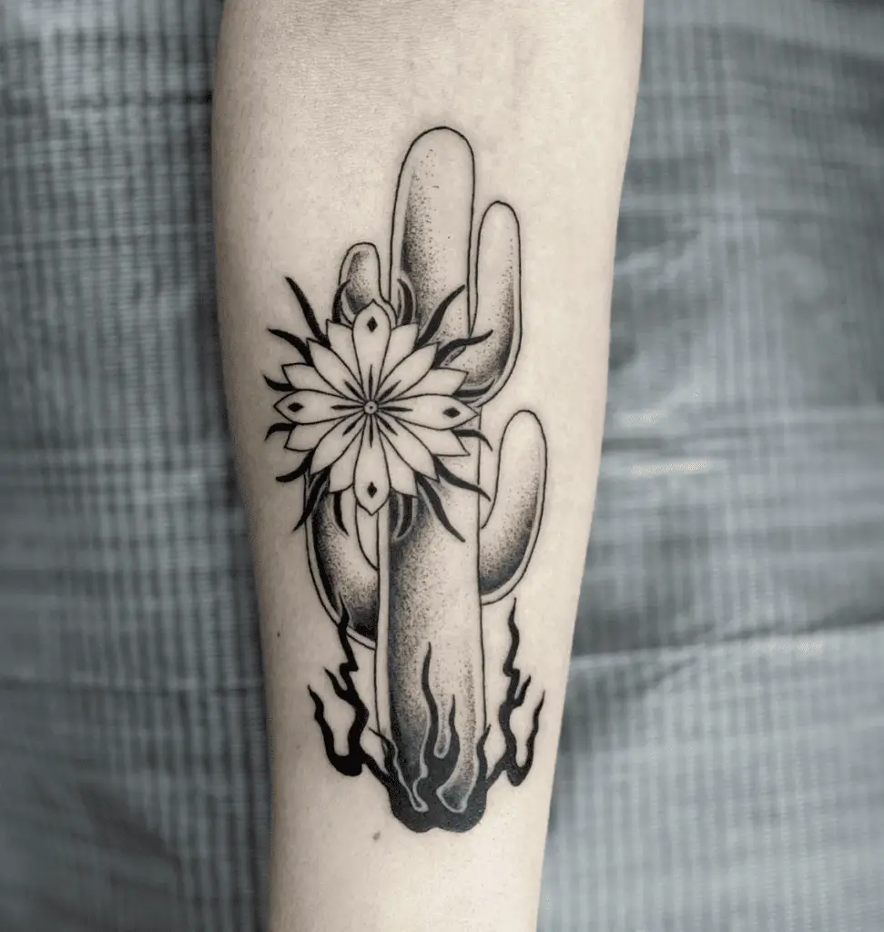 Dot Work Cactus With Flower and Spikey Roots Arm Tattoo