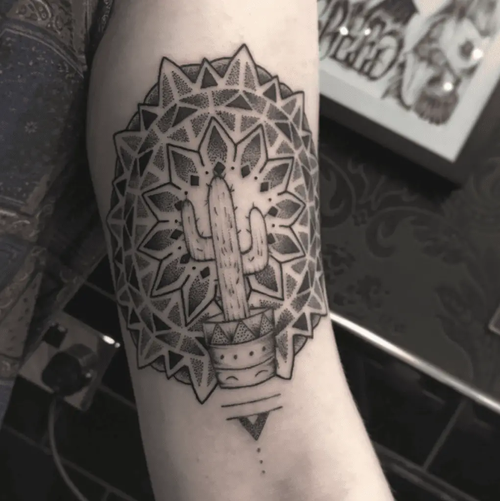 Dot Work Cactus With Mandala Background Arm Tattoo