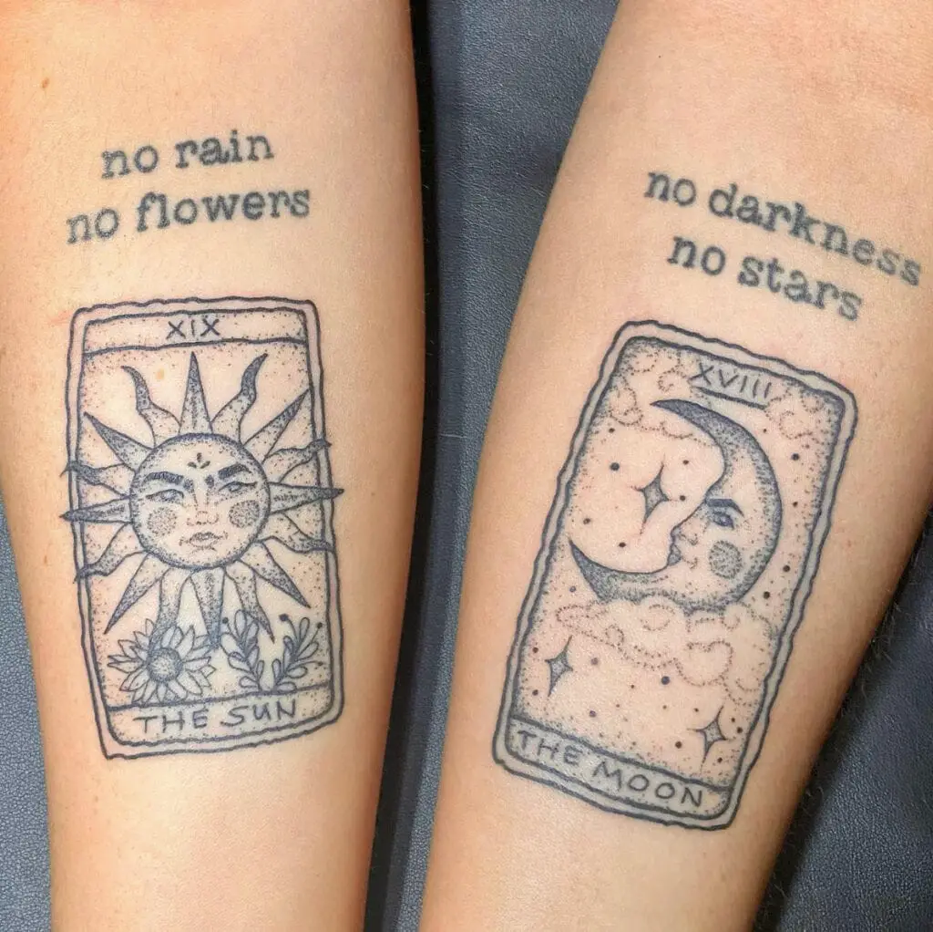 Dot Work Sun and Moon Faces Tarot Cards With Text on Both Arms Tattoo