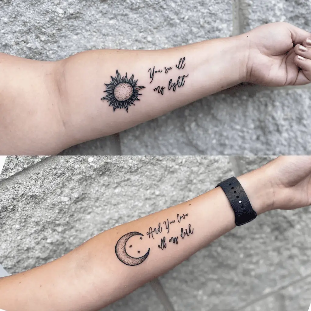 Dot Work Sun and Moon With Word Phrase Text Arm Tattoo