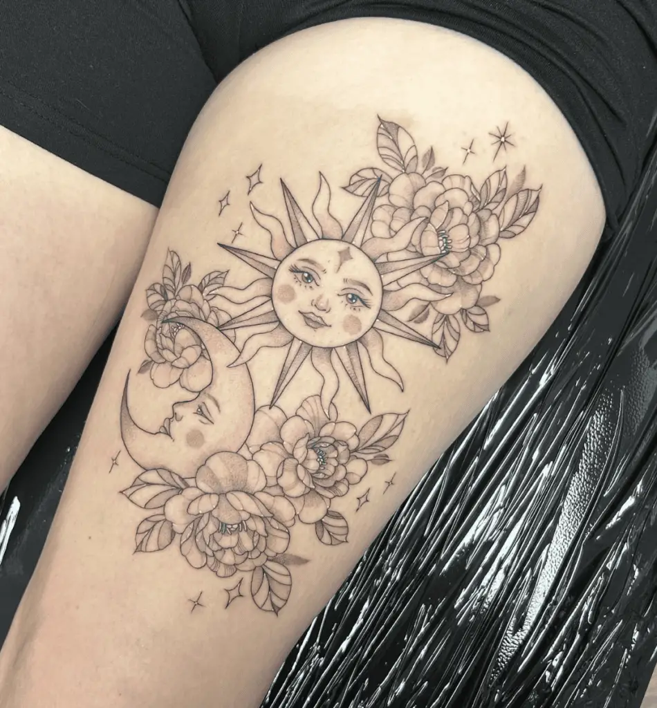 Feminine Floral Sun and Moon Thigh Tattoo