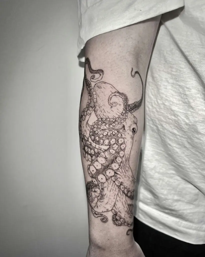 Fine Line Kraken Arm Tattoo