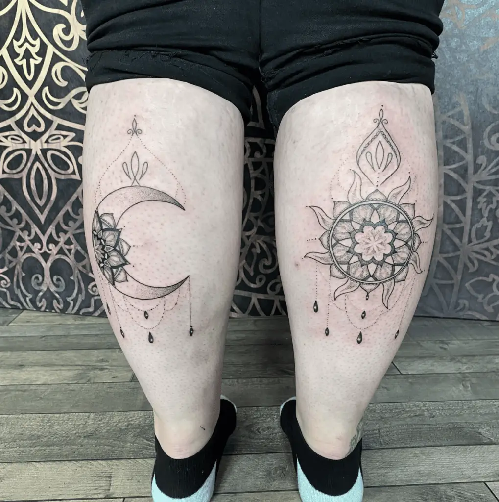 Fine Line Mandala Sun and Moon With Embellishments Calves Tattoo
