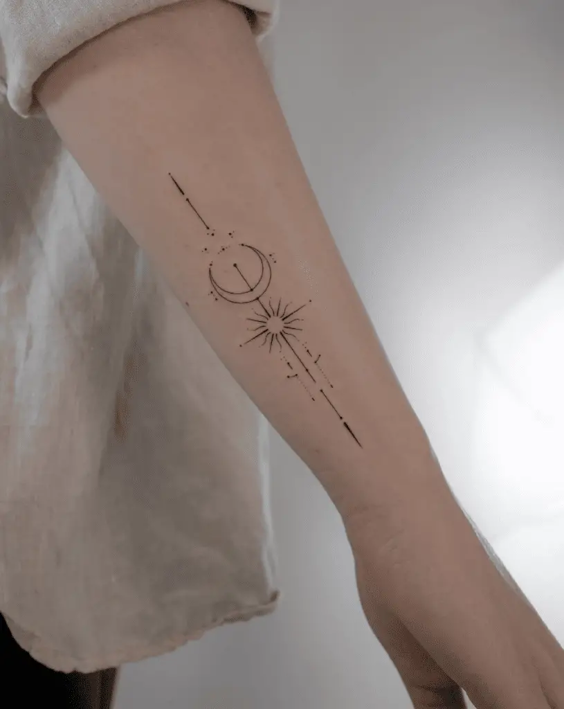 Fine Line Single Needle Sun and Moon Wrist Tattoo