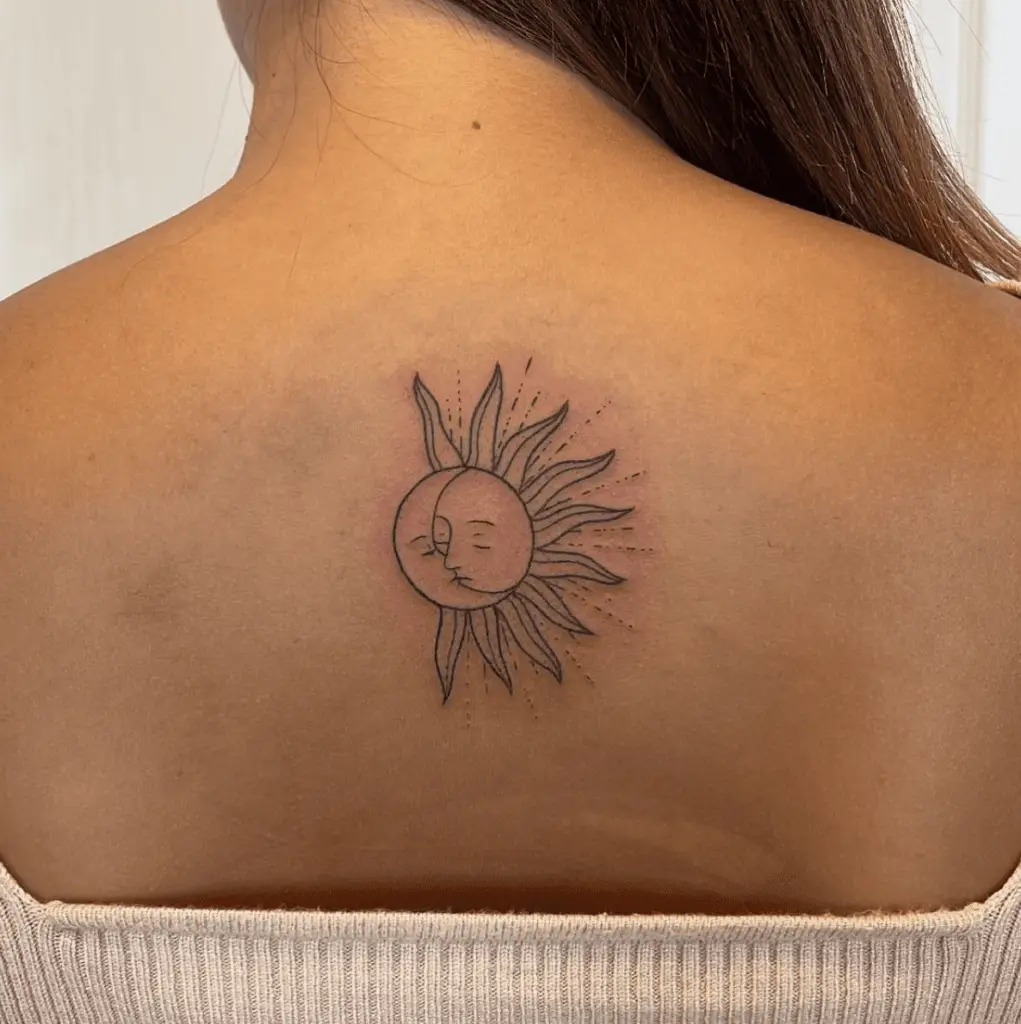 Fine Line Sun and Moon Kissing Back Tattoo
