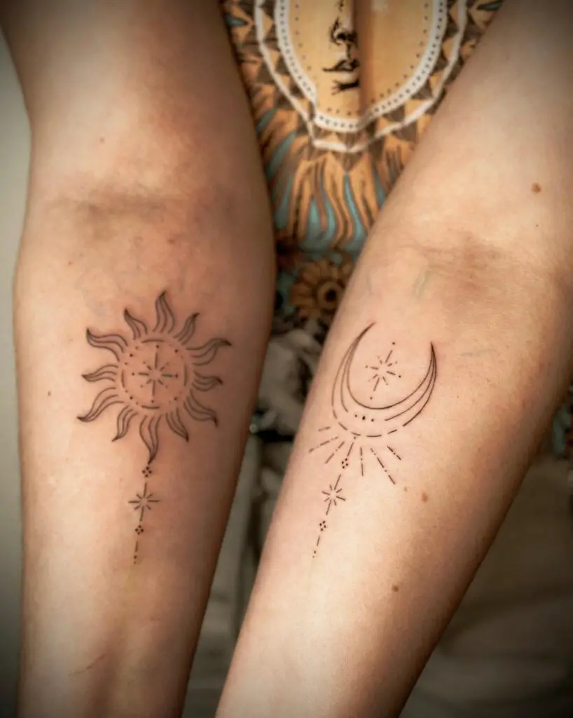 Fine Line Sun and Moon With Ornaments Design On Both Arms Tattoo