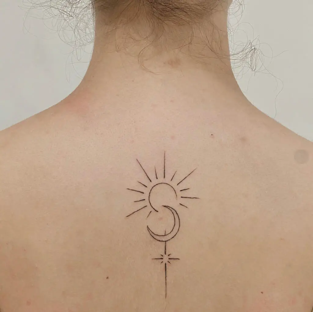 Fine Line Sun and Moon and Star Back Tattoo