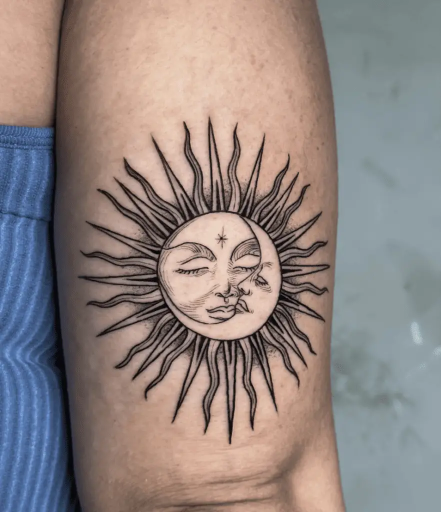Fine Line and Clean Black Sun and Cresent Moon Arm Tattoo