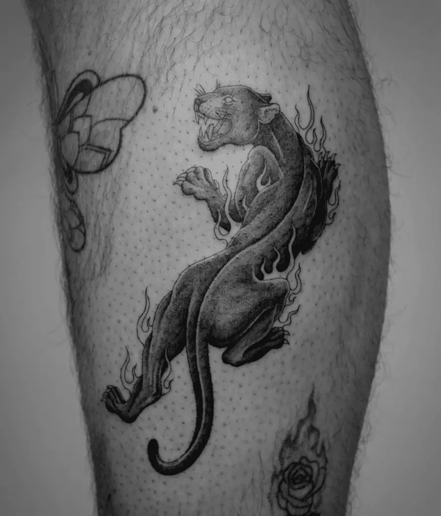 Flaming Black Panther Leg Tattoo