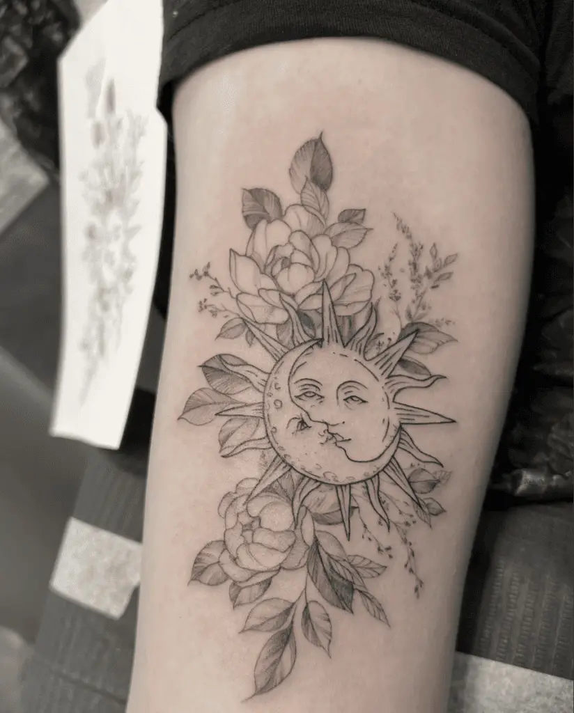 Floral Simple Sun and Moon Kissing Arm Tattoo