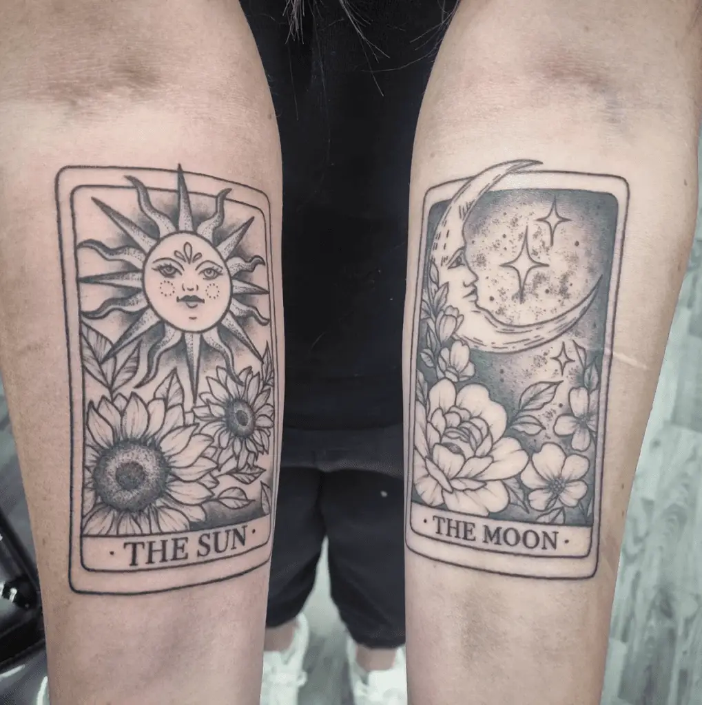 Floral Sun and Moon Tarot Cards on Both Arms Tattoo