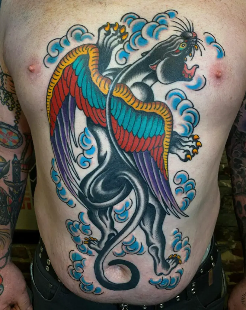 Flying Black Panther WIth Colorful Wings and Blue Clouds Chest Tattoo