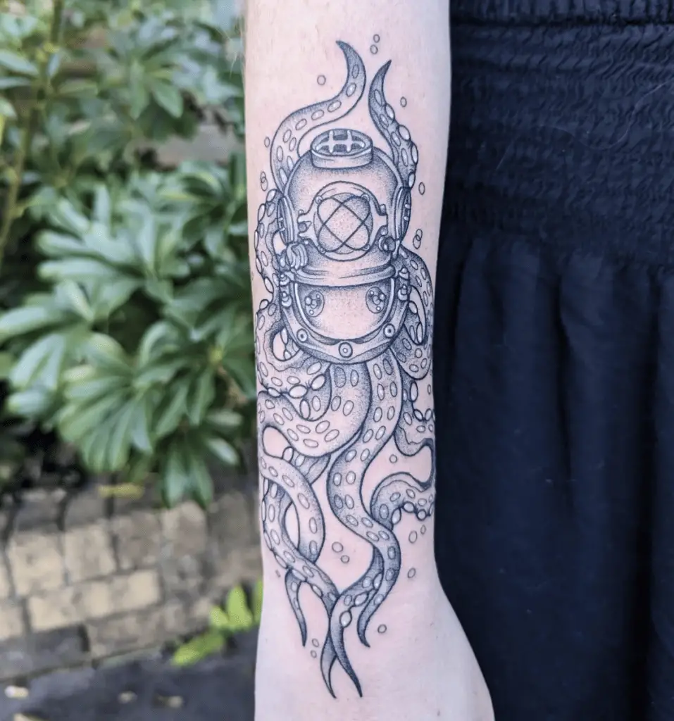 Giant Octopus Wearing the Metal Diving Helmet Arm Tattoo